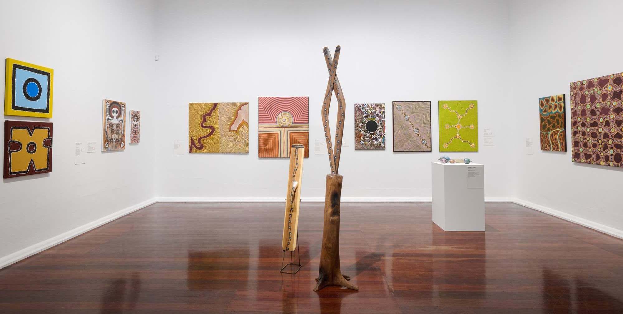 Installation view, <em>Revealed: New & Emerging WA Aboriginal Artists exhibition</em>, Perth Institute of Contemporary Arts, Boorloo (Perth), 2025, photo: Rebecca Mansell.