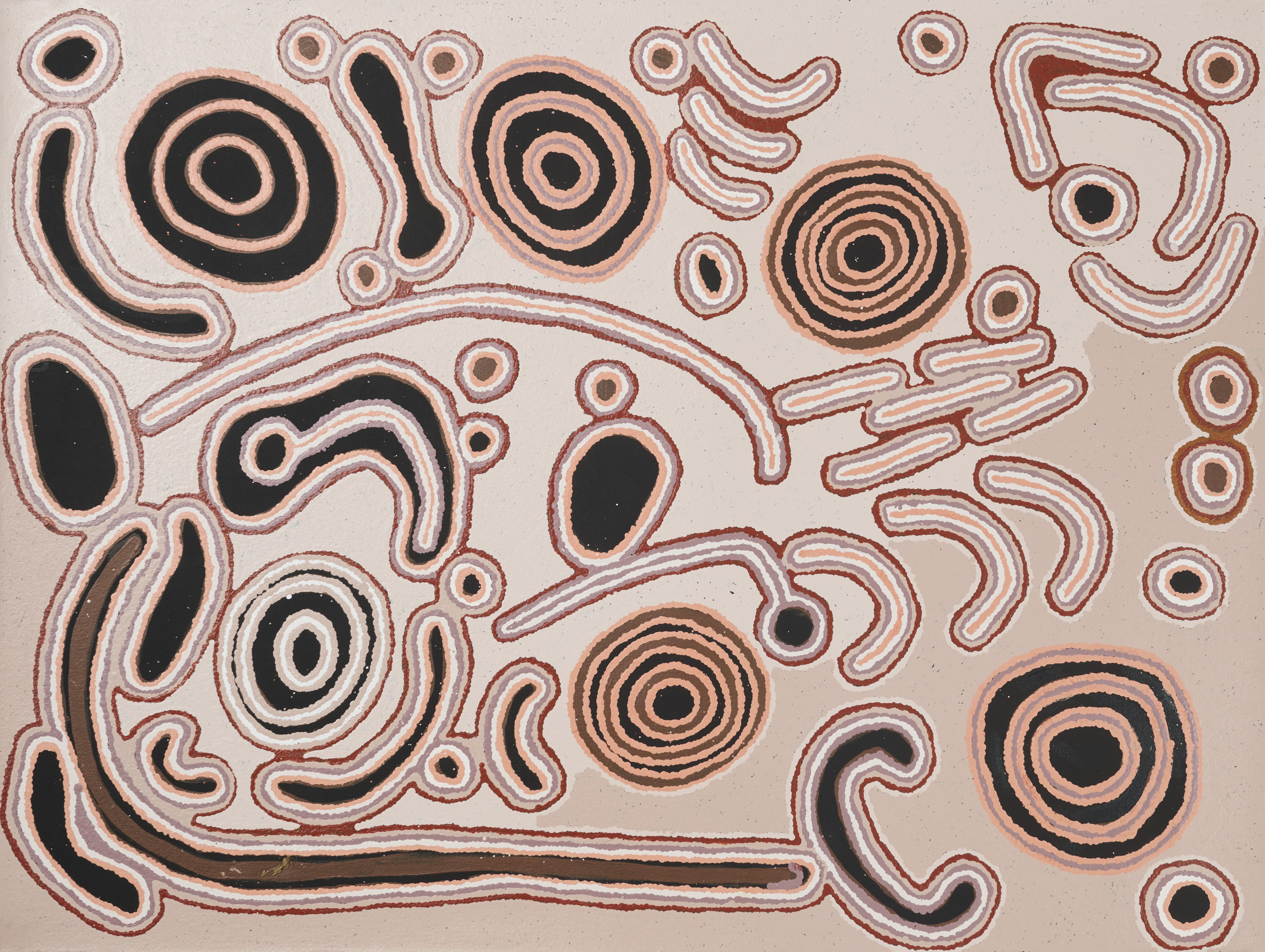 Winsome Newberry, <em>Kapi Tjukurrpa</em> (detail), 2025, Tjarlirli & Kaltukatjara Art, © the artist, photo: Rebecca Mansell.