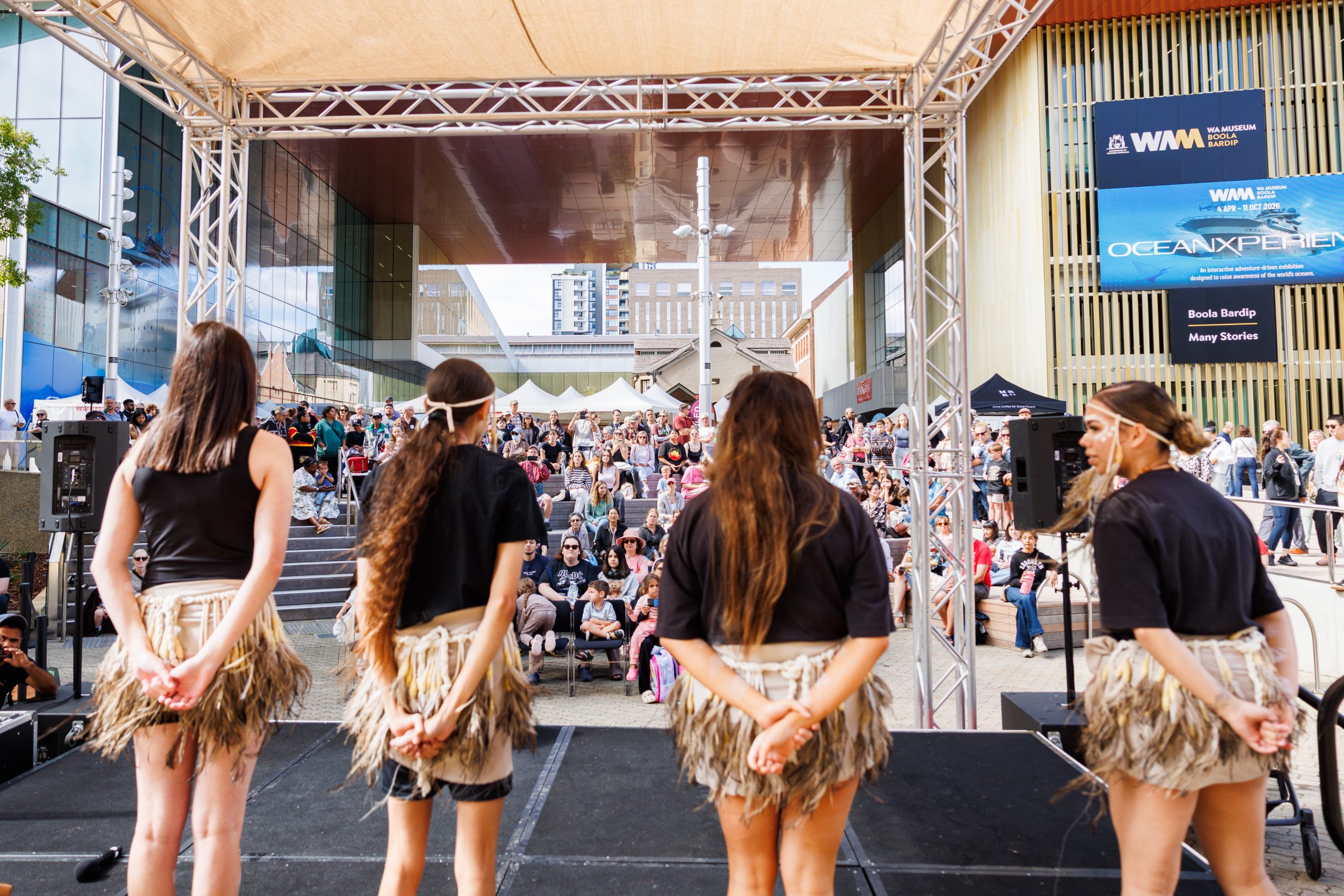 Aliwah dancers, Revealed Aboriginal Art Market, WA Museum Boola Bardip, Boorloo (Perth), 2026, photo: Luke Riley, courtesy of WAM