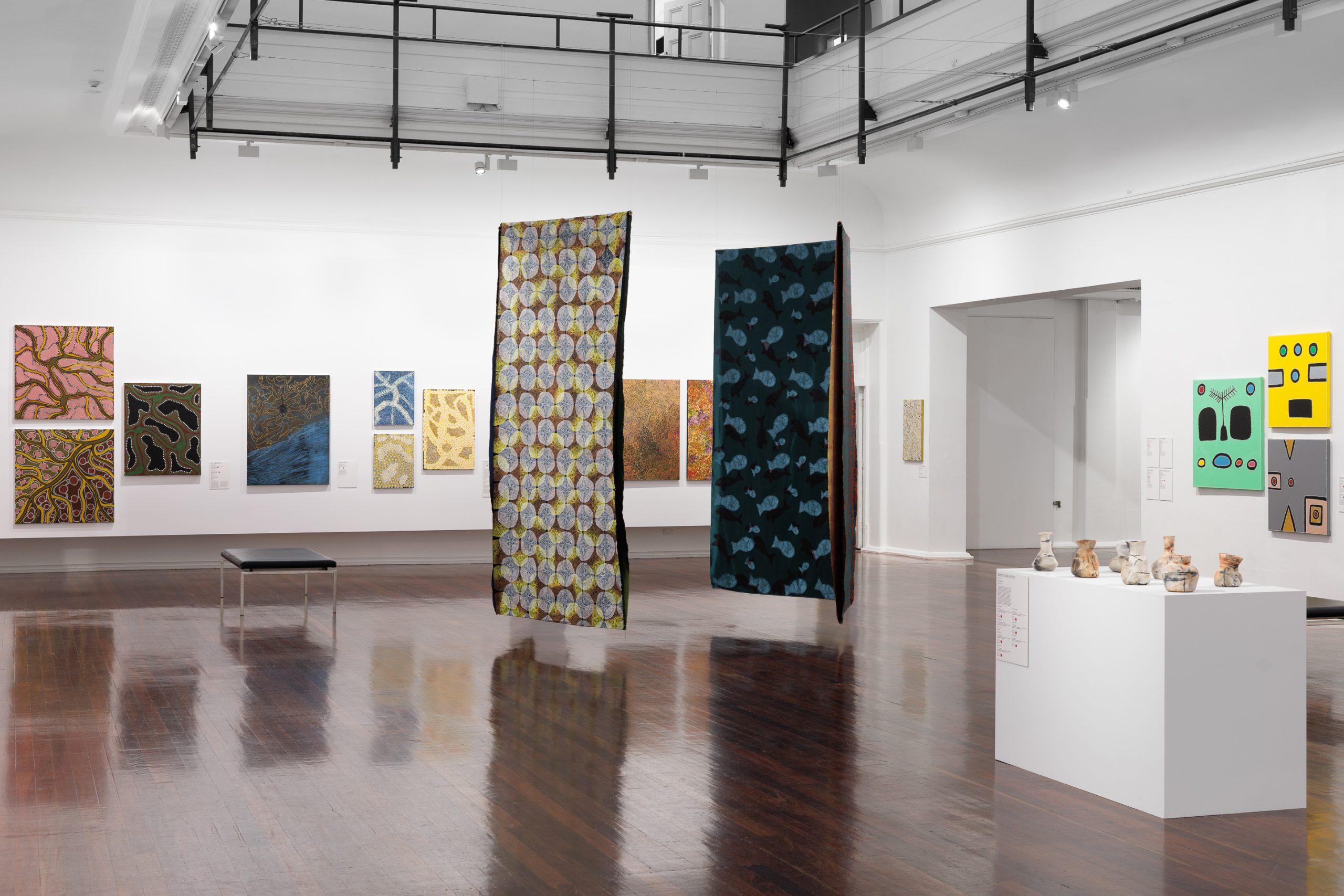 Installation view, <em>Revealed: New & Emerging WA Aboriginal Artists</em> exhibition, Perth Institute of Contemporary Arts, Boorloo (Perth), 2026, photo: Guy Louden